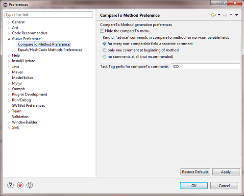 Guava Eclipse Plugin CompareTo Preferences