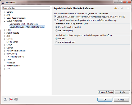 Guava Eclipse Plugin Equals/HashCode Preferences